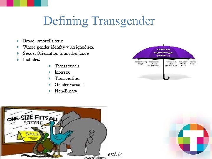 Defining Transgender Broad, umbrella term Where gender identity ≠ assigned sex Sexual Orientation is