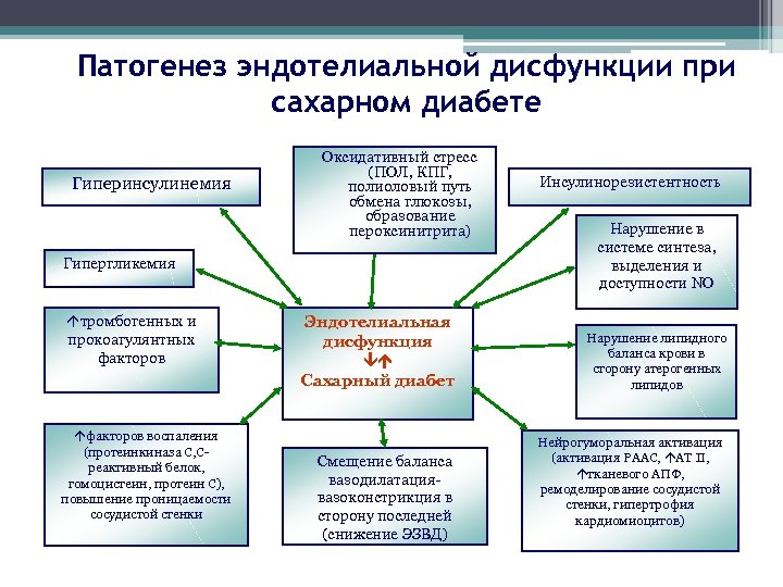 Патогенез эндотелиальной дисфункции при сахарном диабете Гиперинсулинемия Оксидативный стресс (ПОЛ, КПГ, полиоловый путь обмена