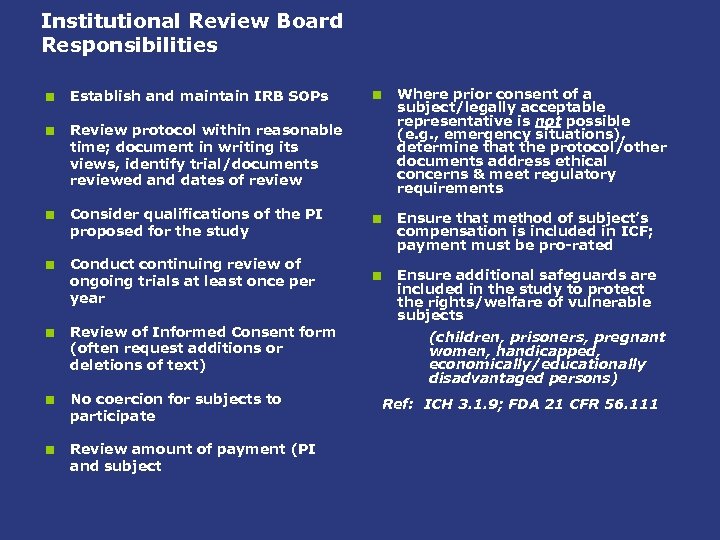 Institutional Review Board Responsibilities < Establish and maintain IRB SOPs < Review protocol within
