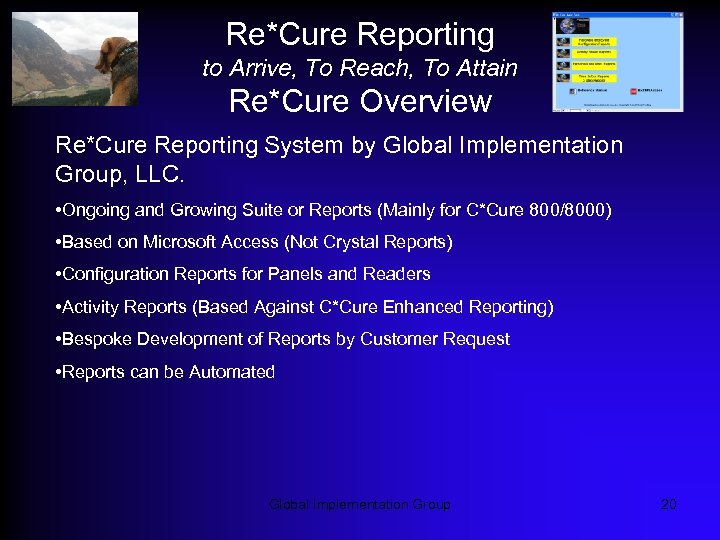 Re*Cure Reporting to Arrive, To Reach, To Attain Re*Cure Overview Re*Cure Reporting System by