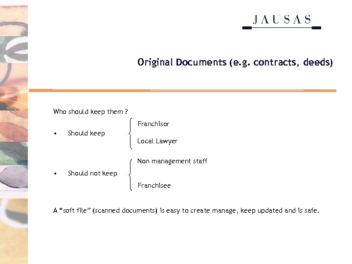 Original Documents (e. g. contracts, deeds) Who should keep them ? Franchisor • Should