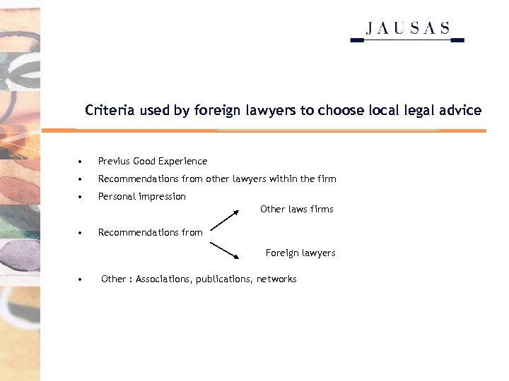 Criteria used by foreign lawyers to choose local legal advice • Previus Good Experience