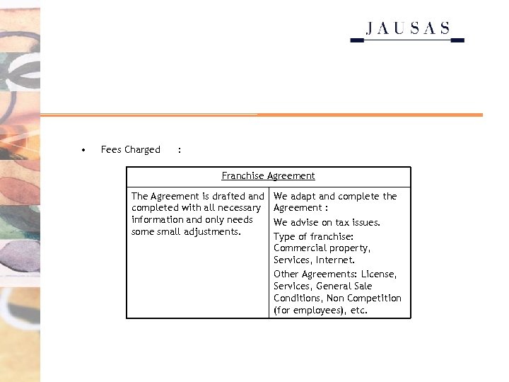  • Fees Charged : Franchise Agreement The Agreement is drafted and completed with