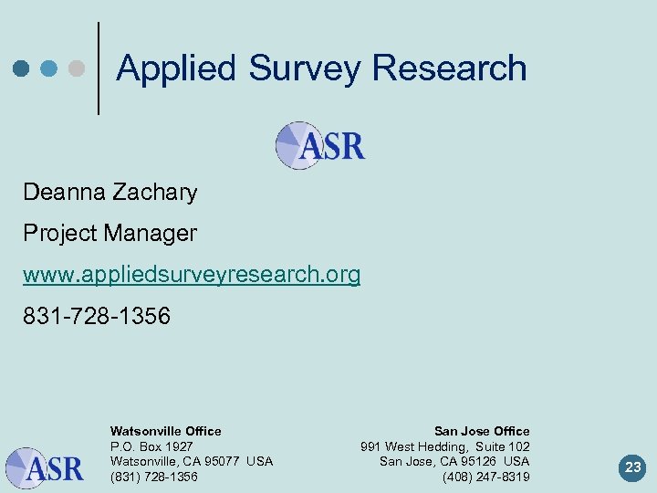 Applied Survey Research Deanna Zachary Project Manager www. appliedsurveyresearch. org 831 -728 -1356 Watsonville
