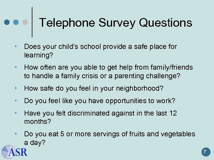 Telephone Survey Questions • Does your child’s school provide a safe place for learning?