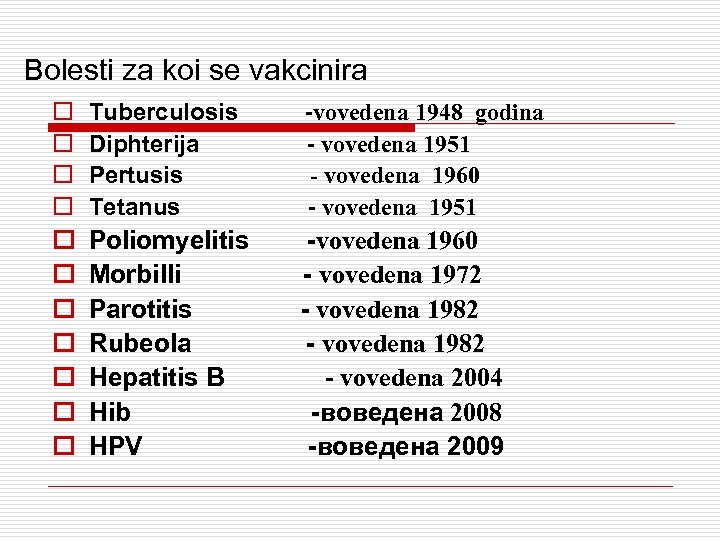 Bolesti za koi se vakcinira o o Tuberculosis Diphterija Pertusis Tetanus -vovedena 1948 godina