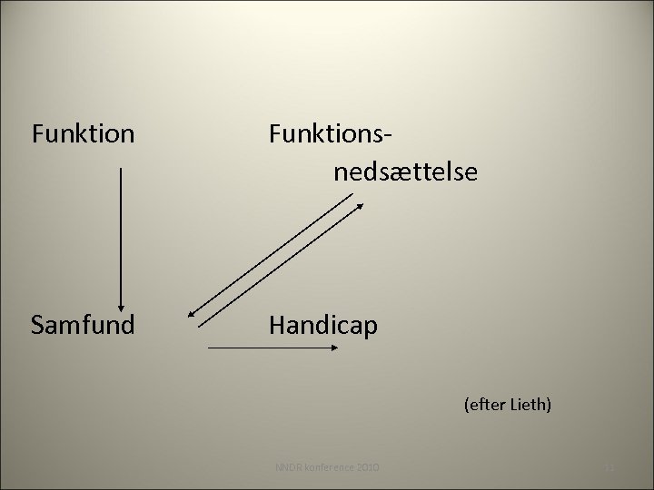 Funktionsnedsættelse Samfund Handicap (efter Lieth) NNDR konference 2010 11 