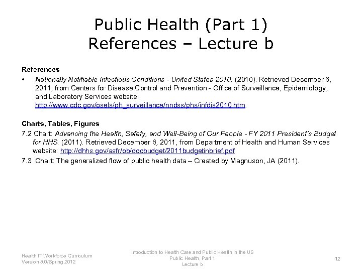 Public Health (Part 1) References – Lecture b References • Nationally Notifiable Infectious Conditions