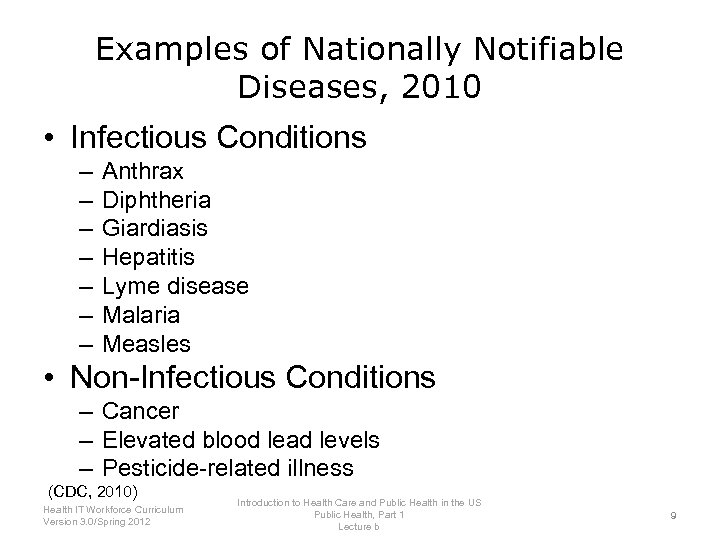 Examples of Nationally Notifiable Diseases, 2010 • Infectious Conditions – – – – Anthrax