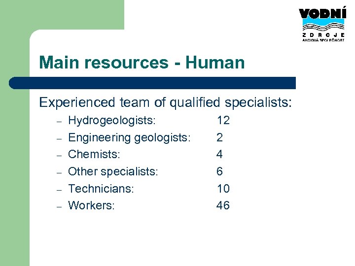 Main resources - Human Experienced team of qualified specialists: – – – Hydrogeologists: Engineering