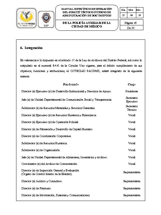 MANUAL ESPECÍFICO DE OPERACIÓN DEL COMITÉ TÉCNICO INTERNO DE ADMINISTRACIÓN DE DOCUMENTOS DE LA