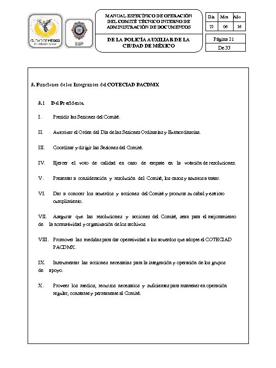 MANUAL ESPECÍFICO DE OPERACIÓN DEL COMITÉ TÉCNICO INTERNO DE ADMINISTRACIÓN DE DOCUMENTOS DE LA