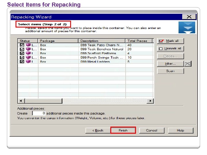 Select Items for Repacking 