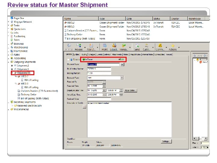 Review status for Master Shipment 
