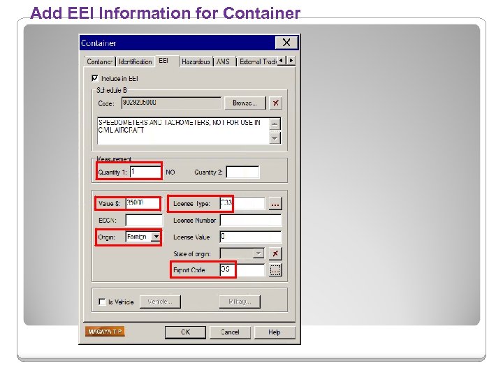 Add EEI Information for Container 