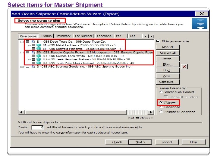 Select Items for Master Shipment 