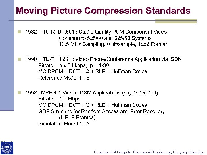 Moving Picture Compression Standards n 1982 : ITU-R BT. 601 : Studio Quality PCM
