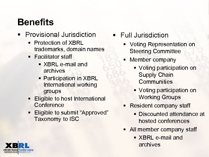 Benefits § Provisional Jurisdiction § Protection of XBRL trademarks, domain names § Facilitator staff