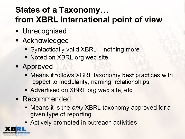 States of a Taxonomy… from XBRL International point of view § Unrecognised § Acknowledged