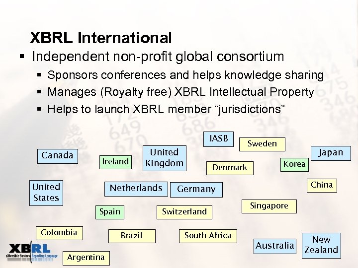 XBRL International § Independent non-profit global consortium § Sponsors conferences and helps knowledge sharing