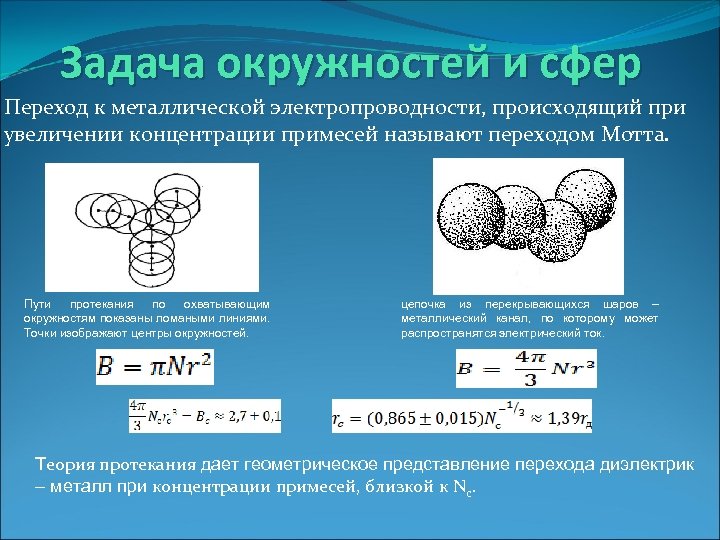 Задача окружностей и сфер Переход к металлической электропроводности, происходящий при увеличении концентрации примесей называют