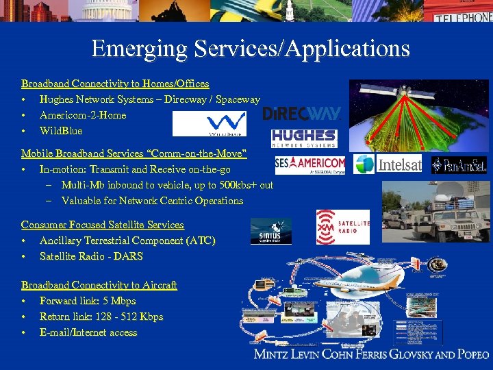 Emerging Services/Applications Broadband Connectivity to Homes/Offices • Hughes Network Systems – Direcway / Spaceway