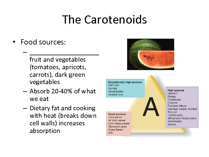 The Carotenoids • Food sources: – __________ fruit and vegetables (tomatoes, apricots, carrots), dark