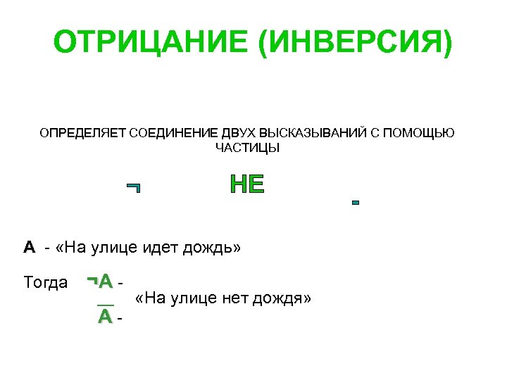 ОТРИЦАНИЕ (ИНВЕРСИЯ) ОПРЕДЕЛЯЕТ СОЕДИНЕНИЕ ДВУХ ВЫСКАЗЫВАНИЙ С ПОМОЩЬЮ ЧАСТИЦЫ ¬ НЕ А - «На