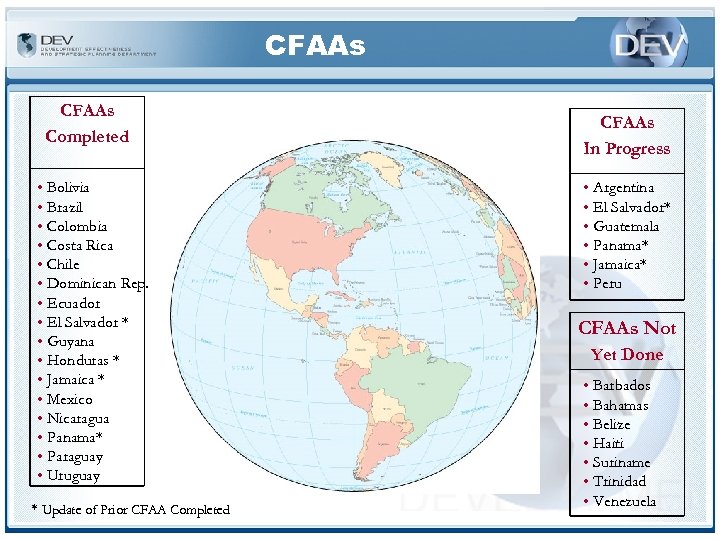CFAAs Completed • Bolivia • Brazil • Colombia • Costa Rica • Chile •