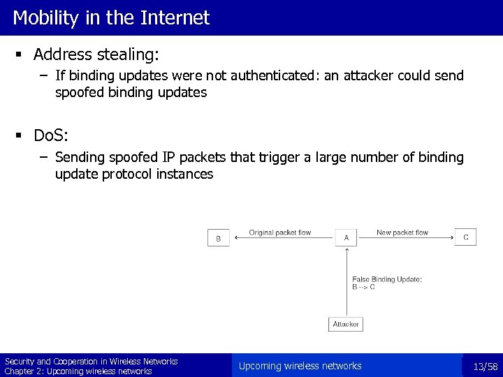 Mobility in the Internet § Address stealing: – If binding updates were not authenticated: