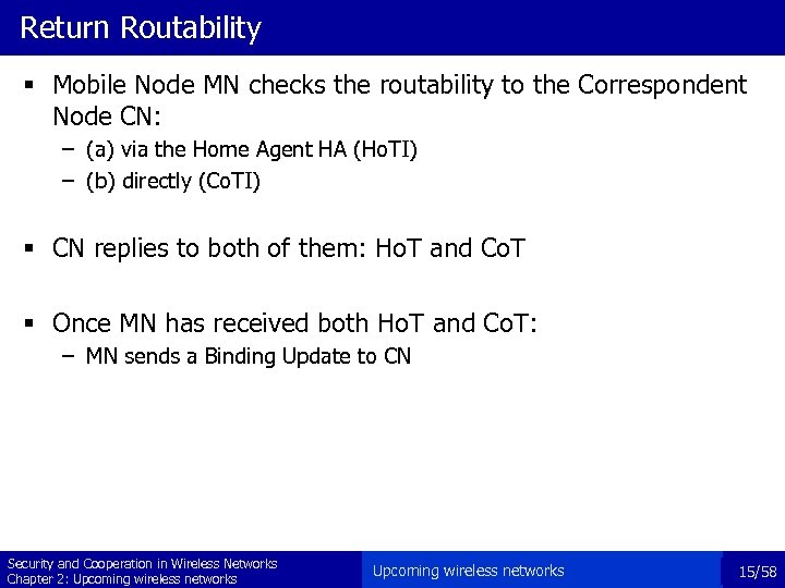 Return Routability § Mobile Node MN checks the routability to the Correspondent Node CN: