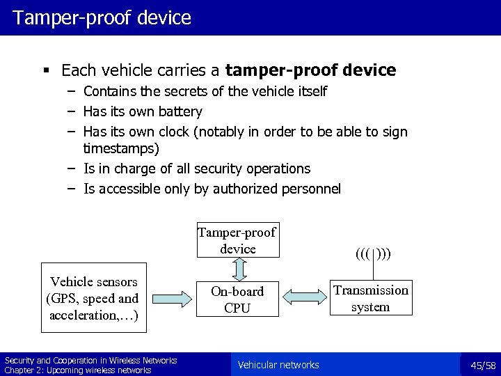 Tamper-proof device § Each vehicle carries a tamper-proof device – Contains the secrets of