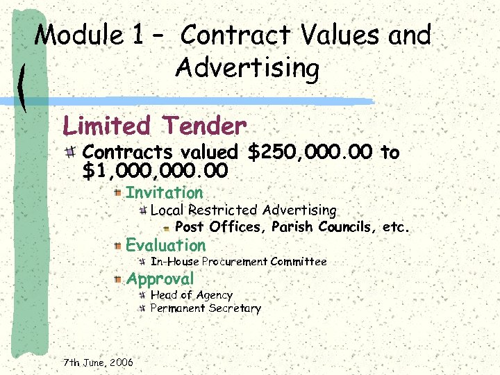 Module 1 – Contract Values and Advertising Limited Tender Contracts valued $250, 000. 00