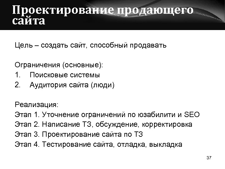 Проектирование продающего сайта Цель – создать сайт, способный продавать Ограничения (основные): 1. Поисковые системы