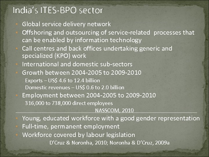 India’s ITES-BPO sector • Global service delivery network • Offshoring and outsourcing of service-related