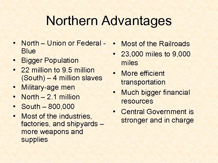 Northern Advantages • North – Union or Federal Blue • Bigger Population • 22