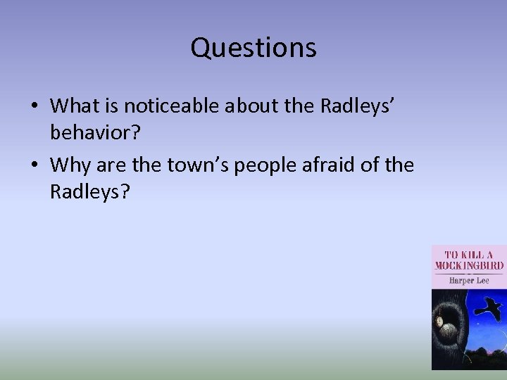 Questions • What is noticeable about the Radleys’ behavior? • Why are the town’s