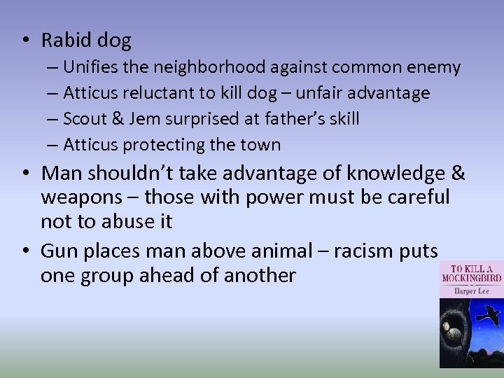  • Rabid dog – Unifies the neighborhood against common enemy – Atticus reluctant
