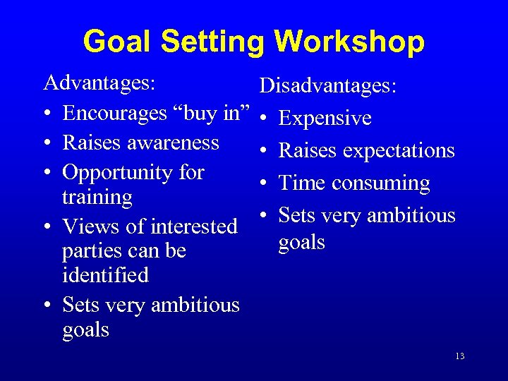 Goal Setting Workshop Advantages: • Encourages “buy in” • Raises awareness • Opportunity for