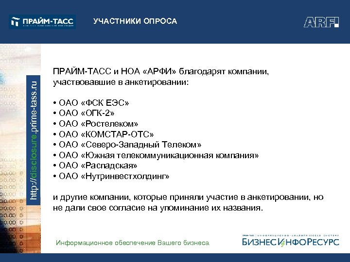 http: //disclosure. prime-tass. ru УЧАСТНИКИ ОПРОСА ПРАЙМ-ТАСС и НОА «АРФИ» благодарят компании, участвовавшие в