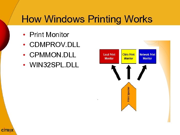 How Windows Printing Works • • Print Monitor CDMPROV. DLL CPMMON. DLL WIN 32