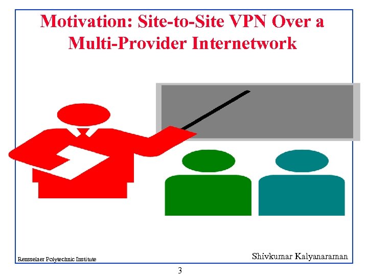 Motivation: Site-to-Site VPN Over a Multi-Provider Internetwork Shivkumar Kalyanaraman Rensselaer Polytechnic Institute 3 