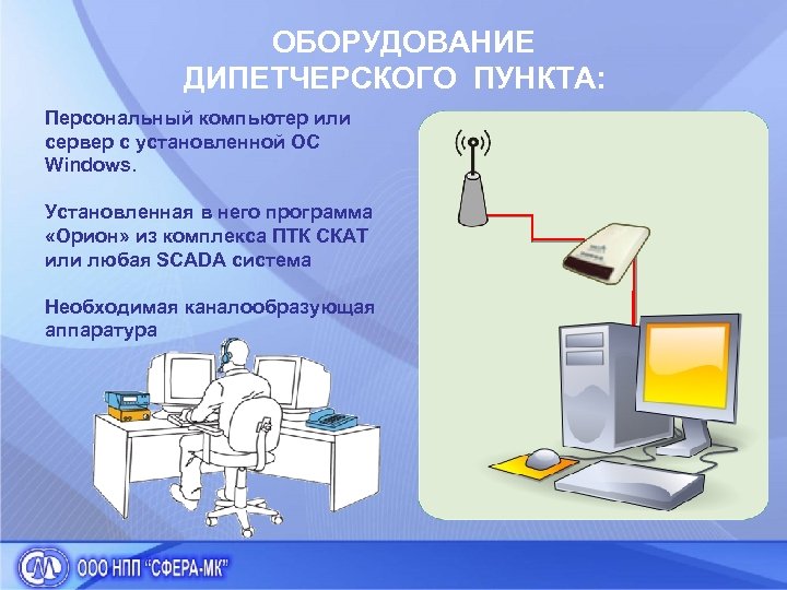 ОБОРУДОВАНИЕ ДИПЕТЧЕРСКОГО ПУНКТА: Персональный компьютер или сервер с установленной ОС Windows. Установленная в него