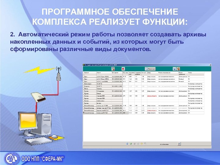 ПРОГРАММНОЕ ОБЕСПЕЧЕНИЕ КОМПЛЕКСА РЕАЛИЗУЕТ ФУНКЦИИ: 2. Автоматический режим работы позволяет создавать архивы накопленных данных