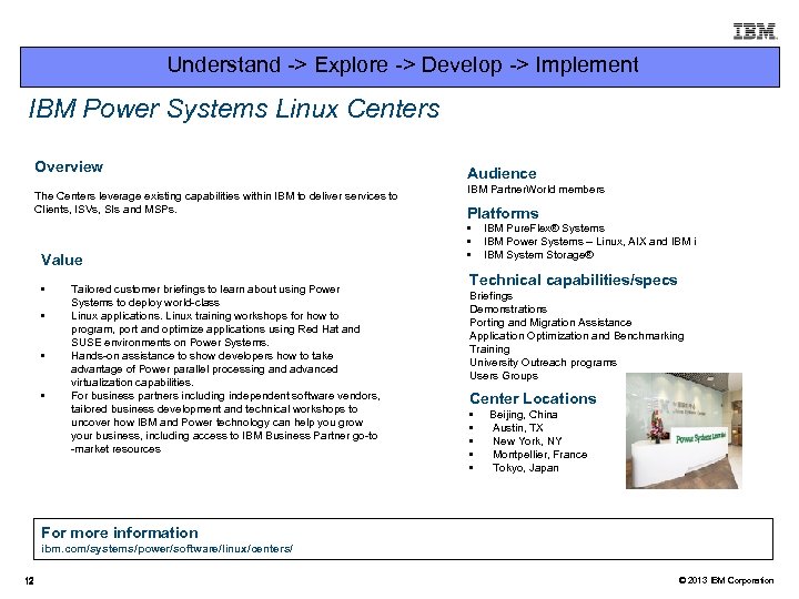 Understand -> Explore -> Develop -> Implement IBM Power Systems Linux Centers Overview The