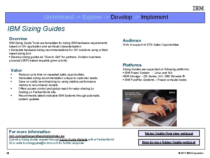 Understand -> Explore -> Develop -> Implement IBM Sizing Guides Overview IBM Sizing Guide