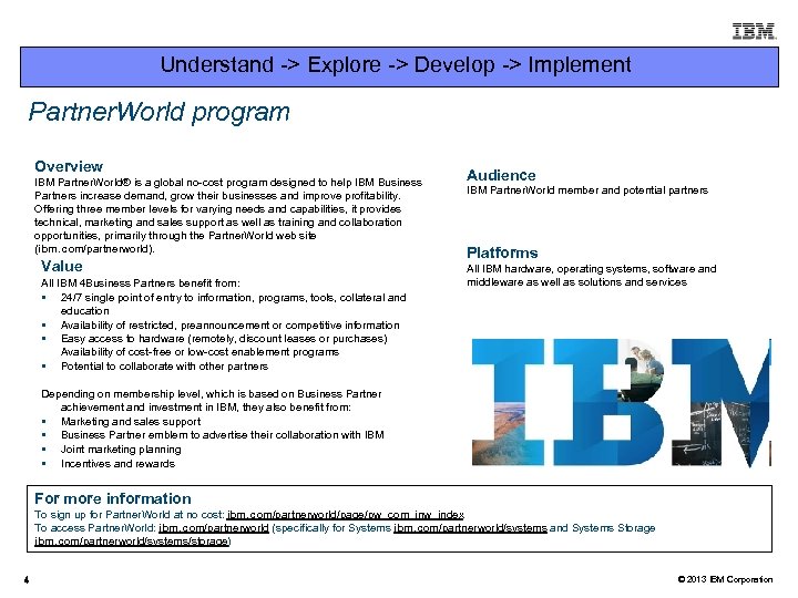 Understand -> Explore -> Develop -> Implement Partner. World program Overview IBM Partner. World®