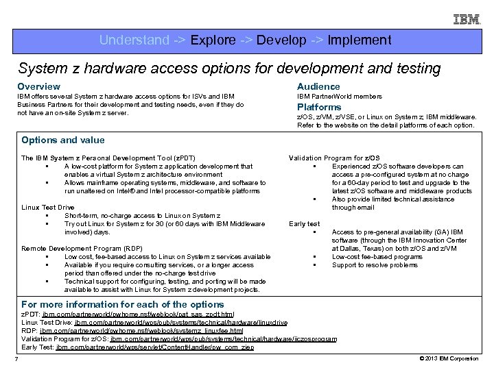 Understand -> Explore -> Develop -> Implement System z hardware access options for development