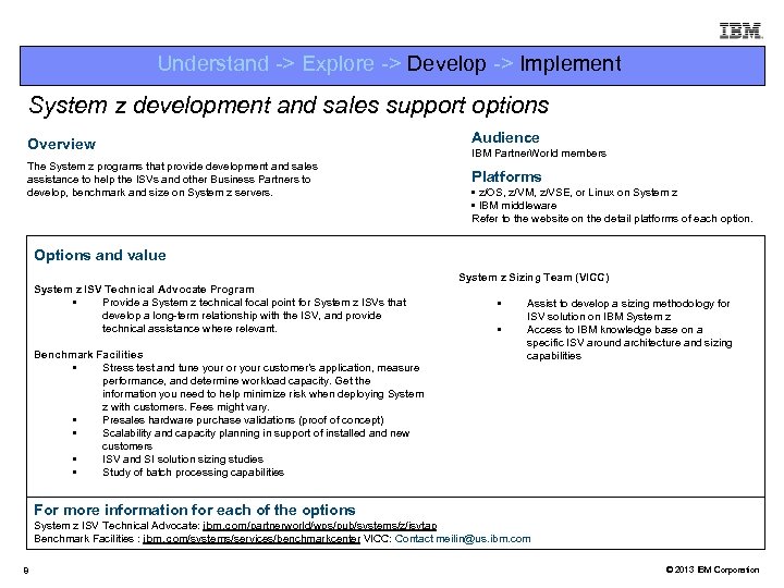 Understand -> Explore -> Develop -> Implement System z development and sales support options