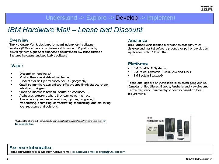 Understand -> Explore -> Develop -> Implement IBM Hardware Mall – Lease and Discount